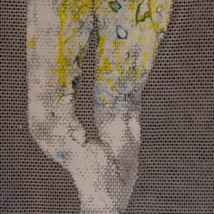 Stand4 (2020) by Khanya, oil and varnish on curtain, 100 × 66.5 cm, legs motif on a grey patterned ground with yellow and blue marks.