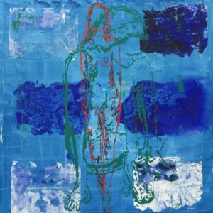 Beam (2015) by Khanya, 80 × 80 cm, blue abstract artwork with layered blocks and linear traces.